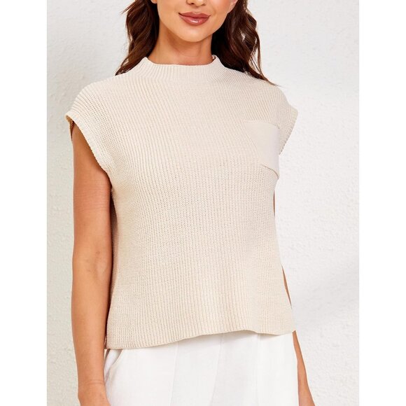 Women's Solid Sleeveless Vest Mock Neck Cap Sleeve Knitwear Sweater Tops - Picture 2 of 6